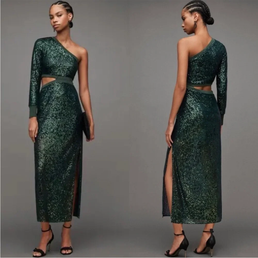 All Saints Daisy Topaz Sequin One Shoulder Cutout Maxi Dress Sycamore Green Sz L All Saints Daisy Topaz Sequin One Shoulder Cutout Maxi Dress Sycamore Green Sz L